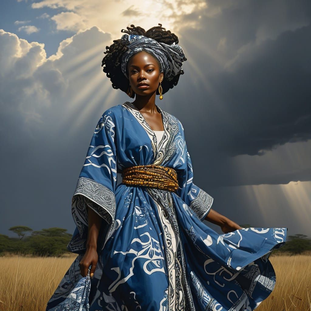 African Princess in Regal Attire, Standing Strong in a Sun-D...