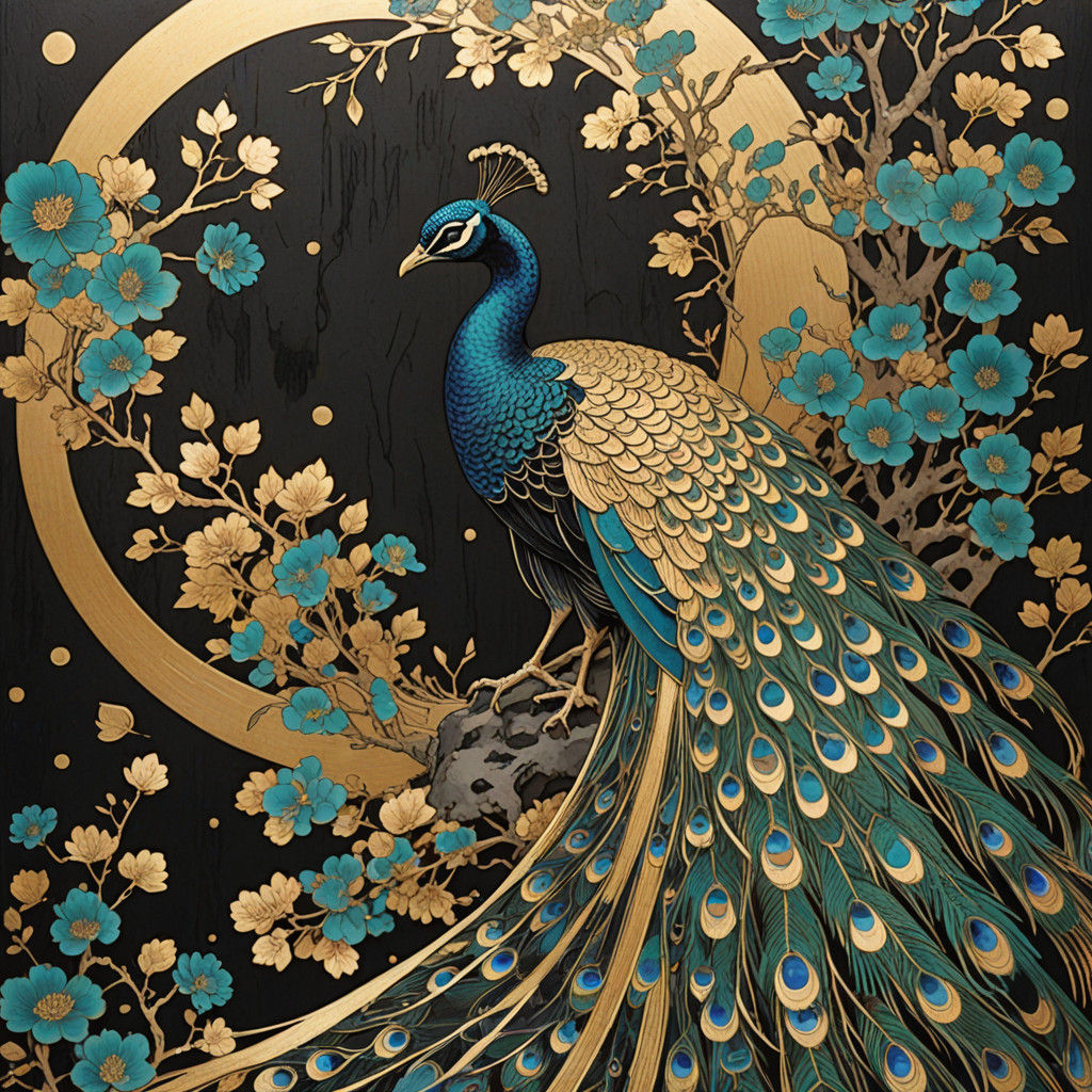 Elegant Woman in Peacock-Kimono Against Black Lacquer Backgr...
