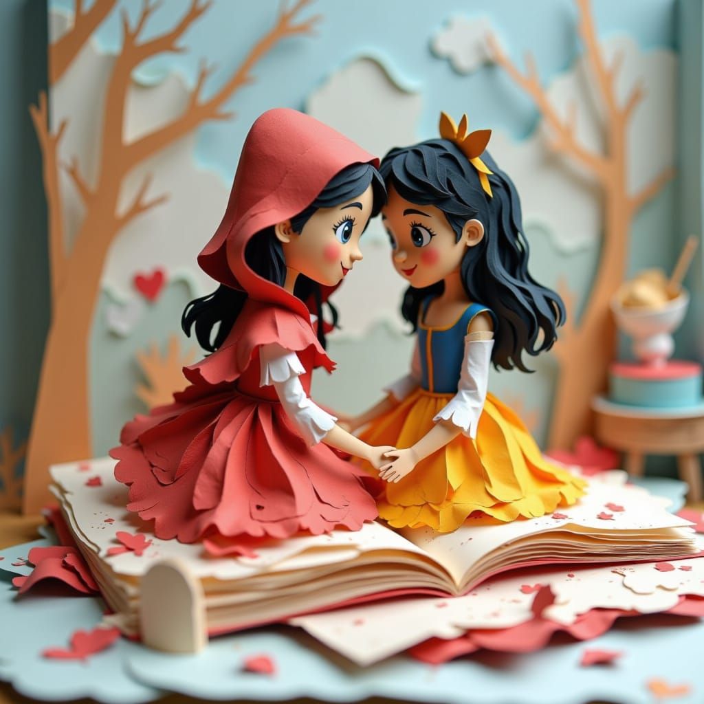 Papercraft Storybook Scene with Red Riding Hood and Snow Whi...