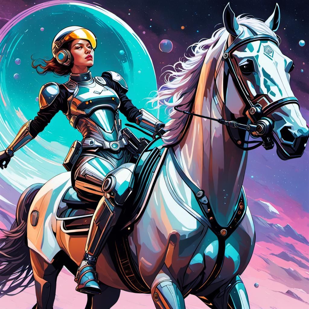 Futuristic Native Woman Races Cyborg Horse