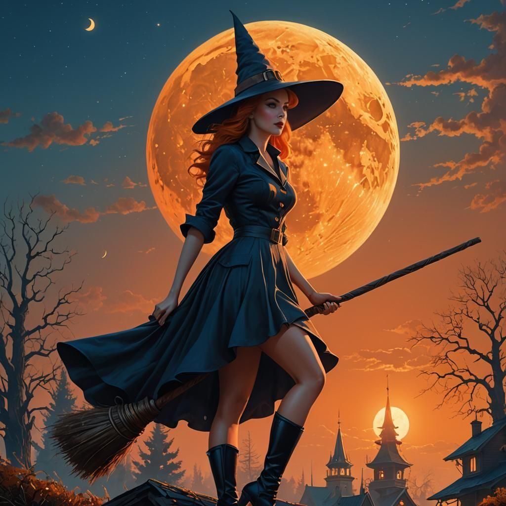Retro Pinup Witch Flying Under Orange Moon