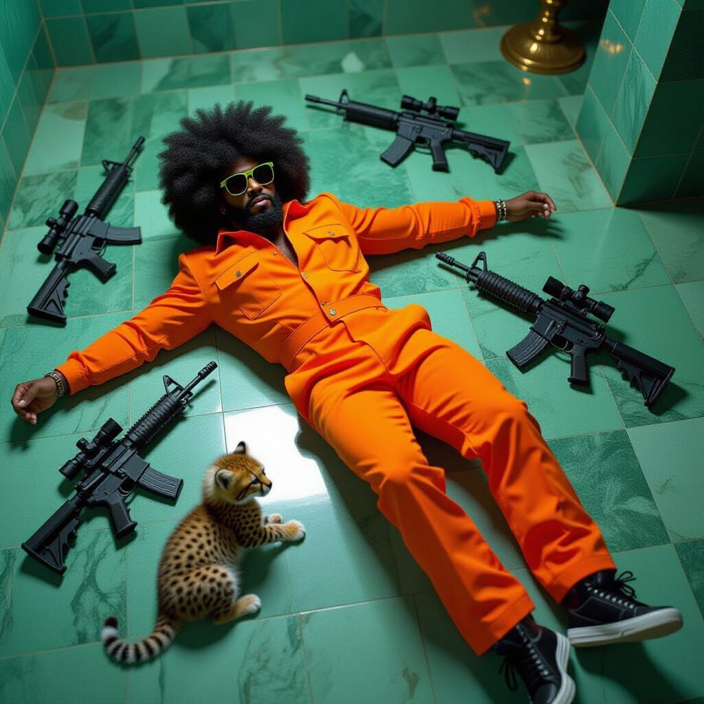 Man in Orange Jumpsuit with Cheetah Cub and Guns