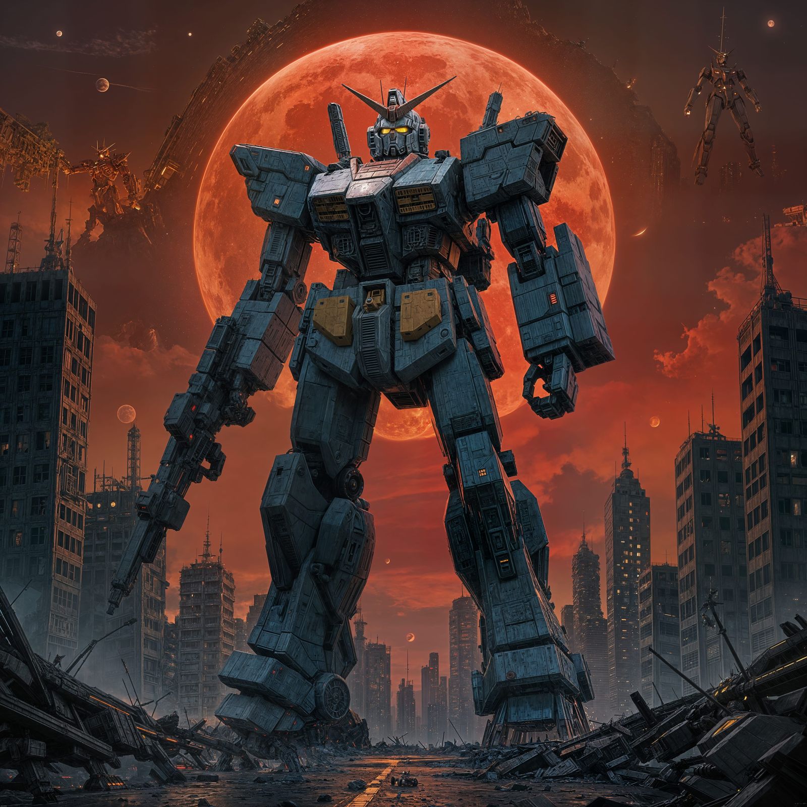 Gundam Robot in Ruined Cityscape, 3D Render