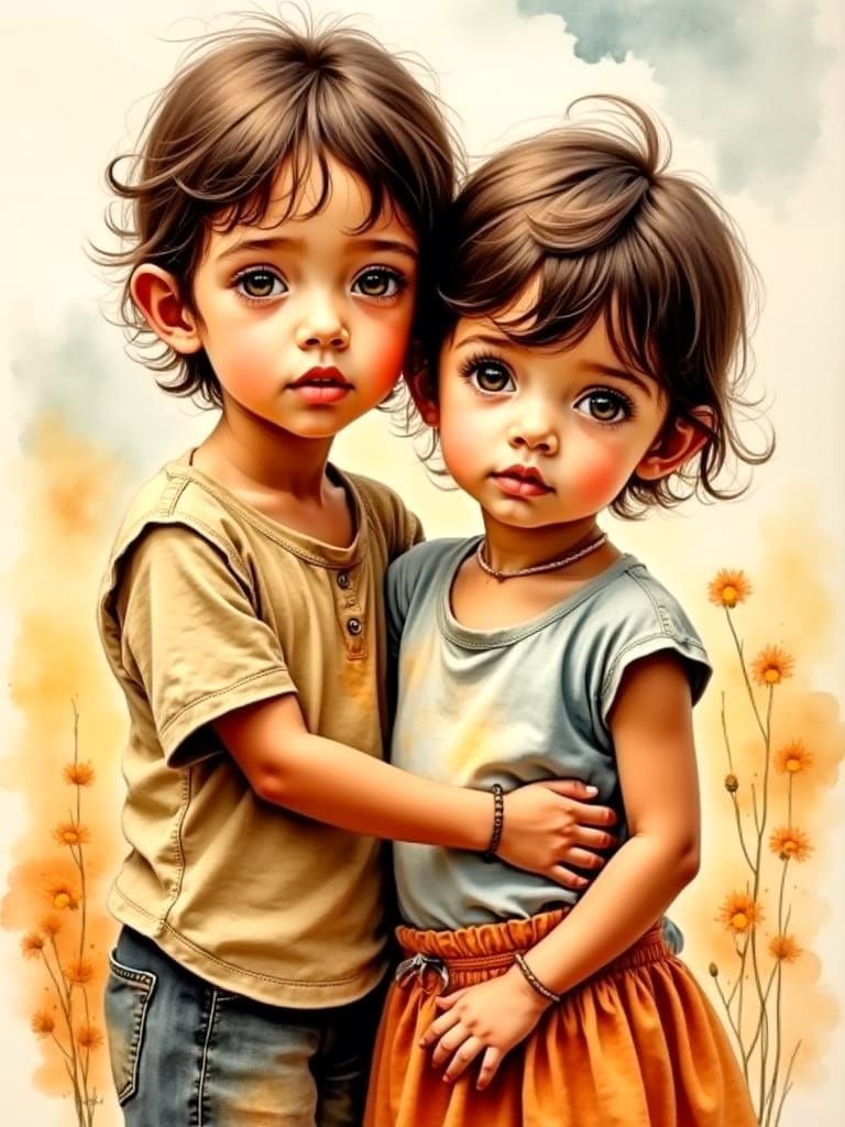 Adorable Young Grandson and Granddaughter Watercolour Portra...