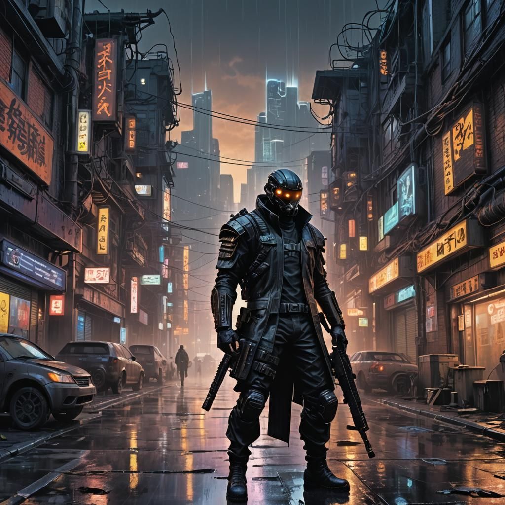 Cyberpunk Ninja in Rain-Soaked Cityscape, Gritty Realism