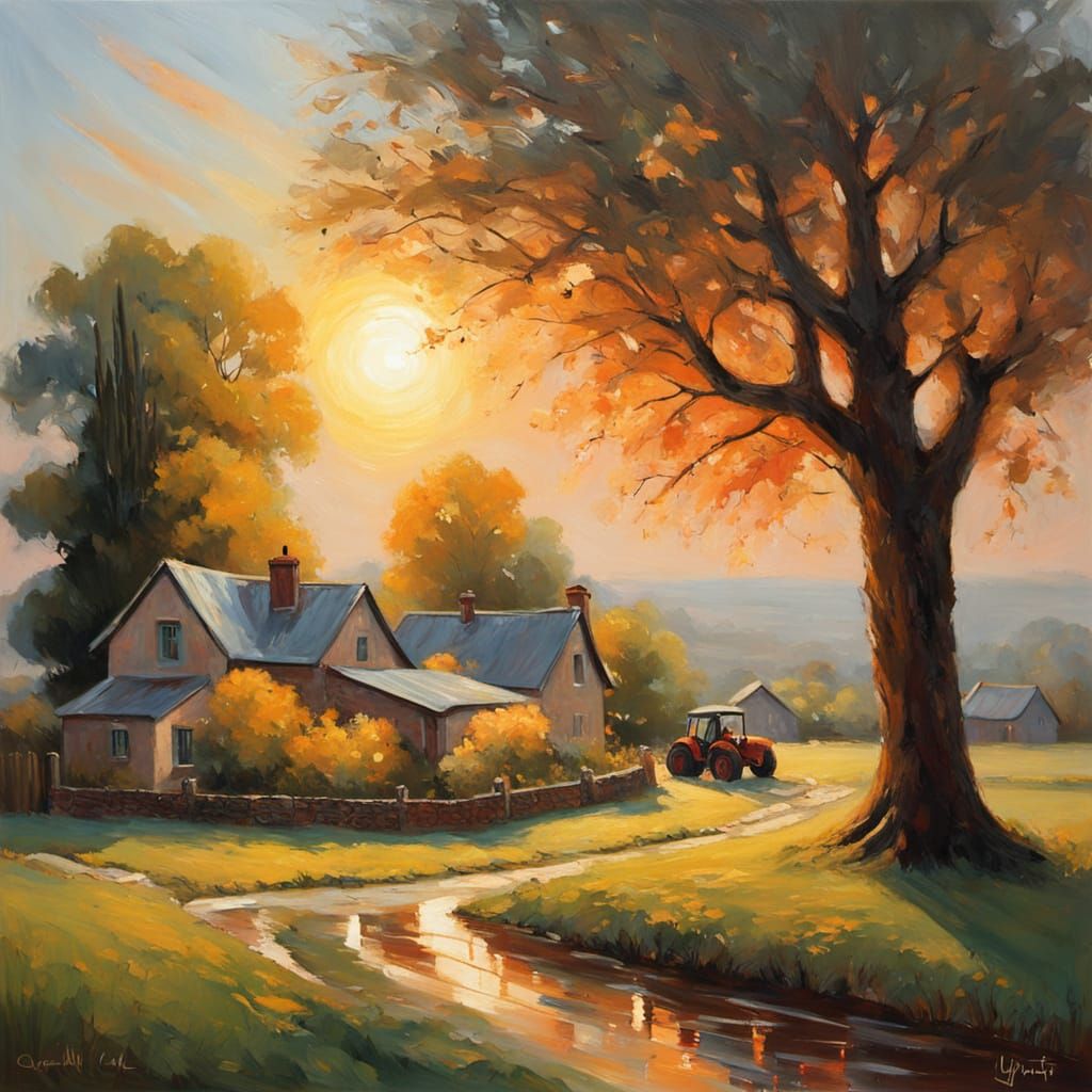 English Village Sunset Oil Painting in Impressionist Style