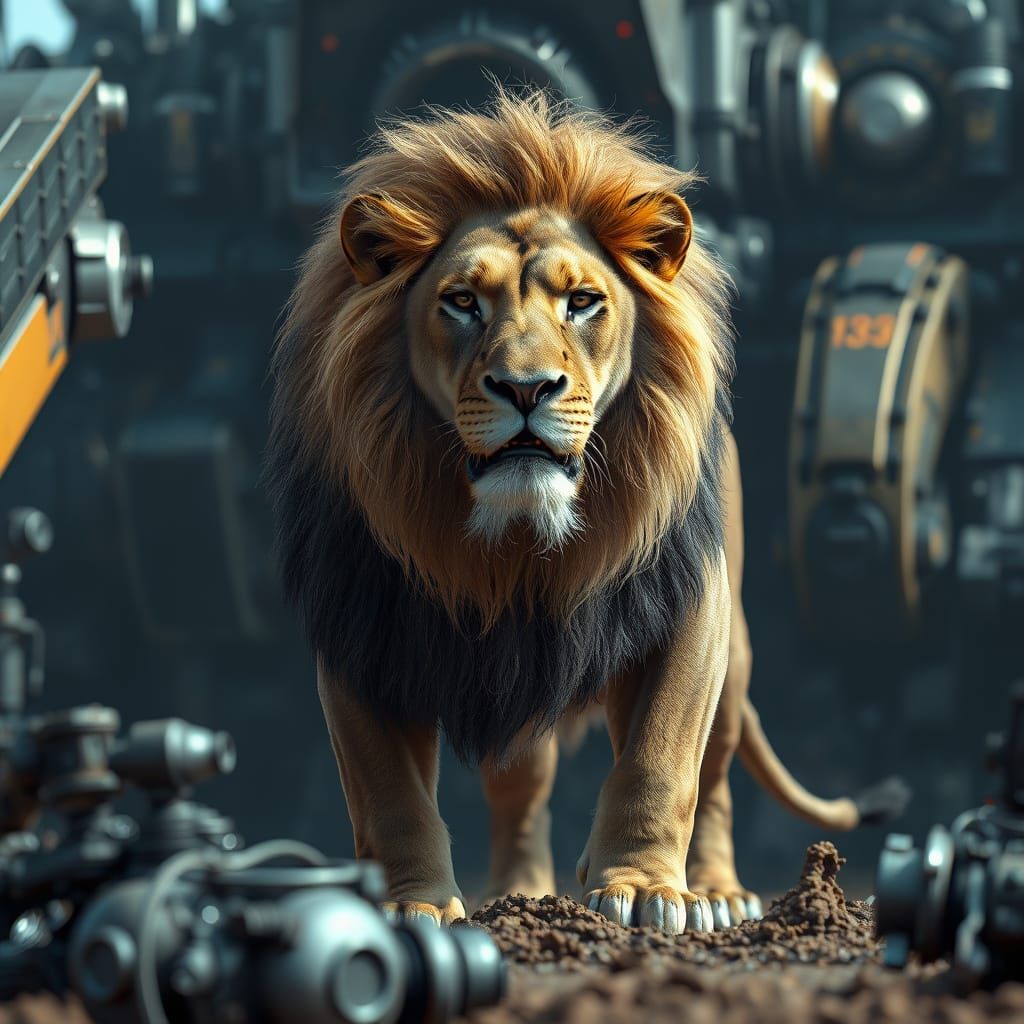 Majestic Cyberpunk Lion Amidst Futuristic Machinery