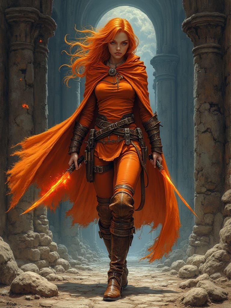 Orange Haired Rogue Battles Demons, Pen and Ink Style