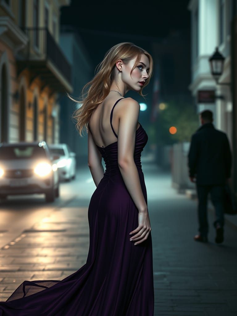 Beautiful Vampire in Purple Dress, Backlit Street Scene