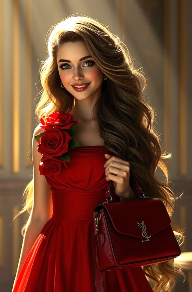 Goddess in Elegant Red Attire with Roses