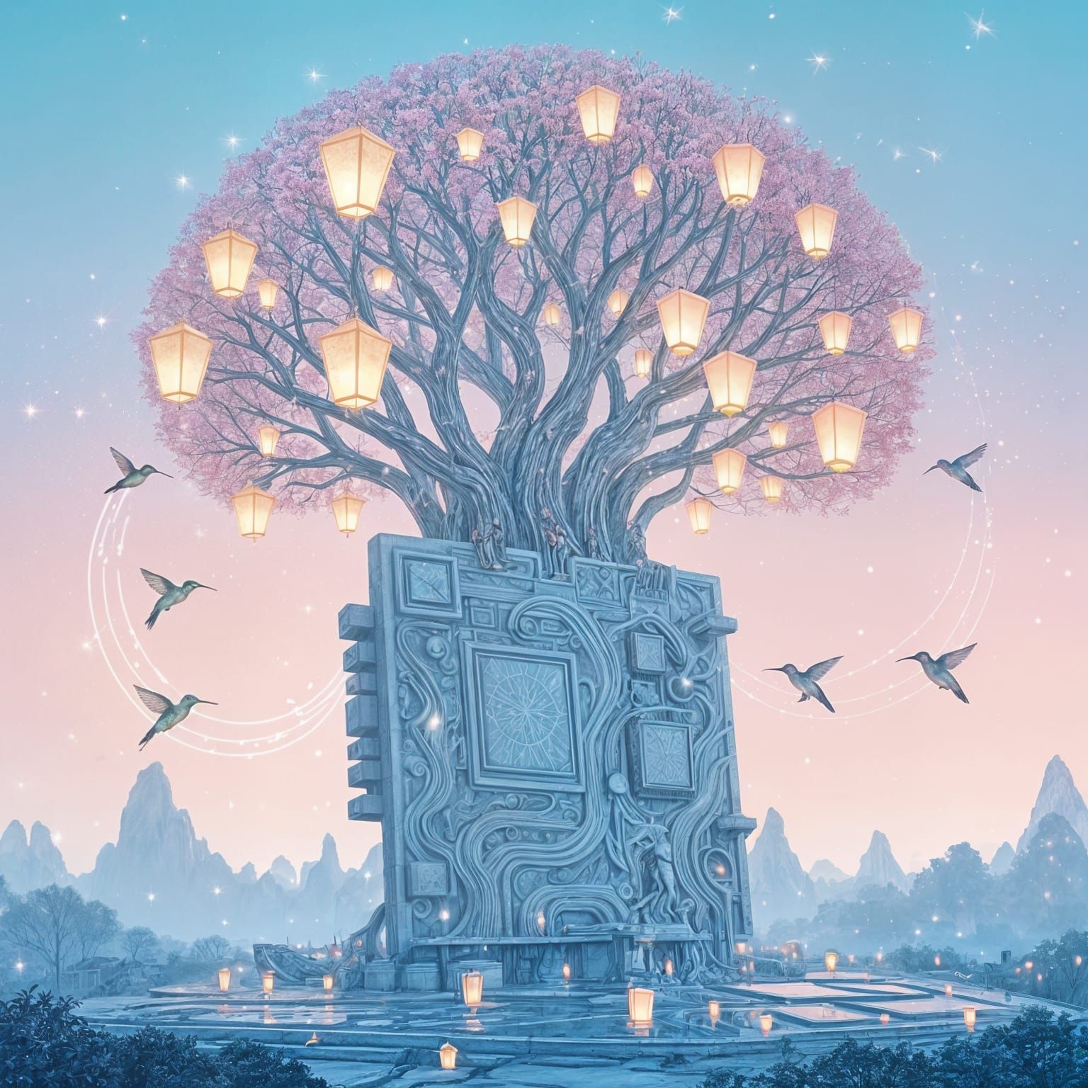 Ethereal Lantern Tree in Dreamlike Landscape