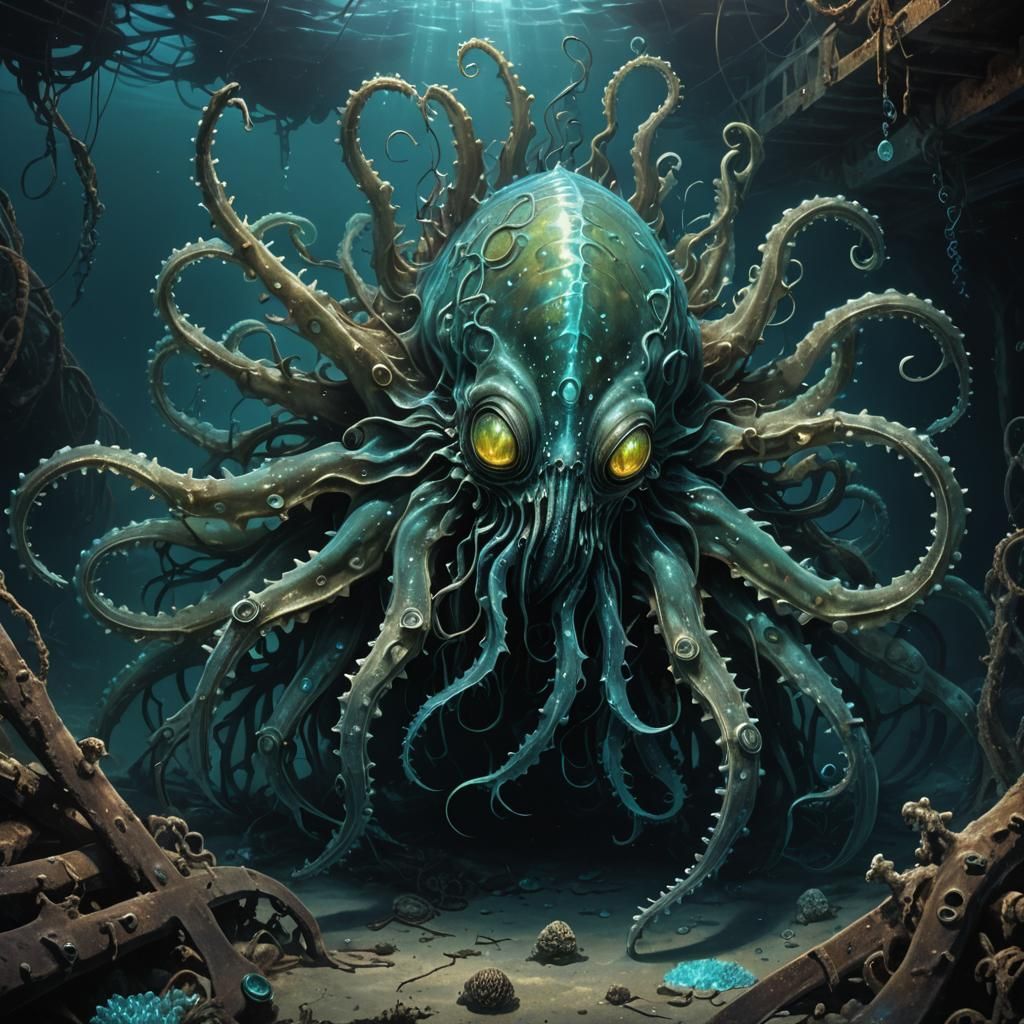 Surreal Deep-Sea Monster in Bioluminescent Shipwreck