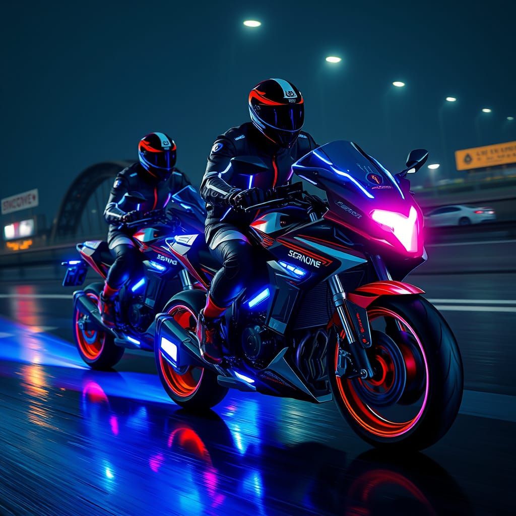 Futuristic Bikers Speed Through Rainy Night