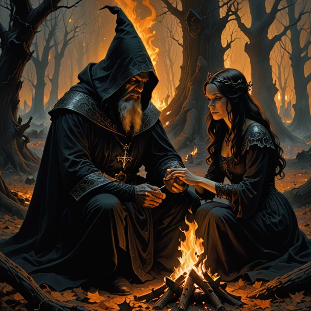 Gothic Horror Dark Wizard Sits by Firelit Grove