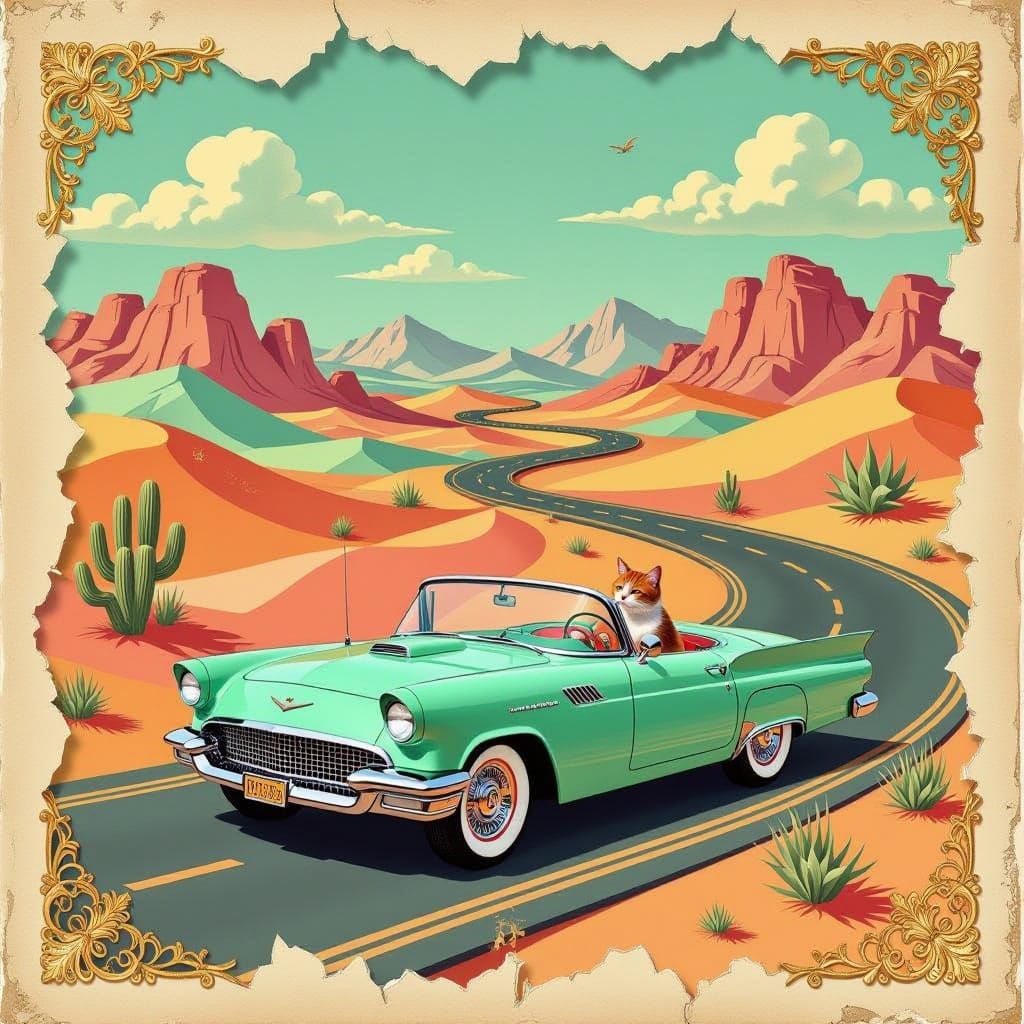 Vintage Desert Dreamscape in Mint Green and Gold