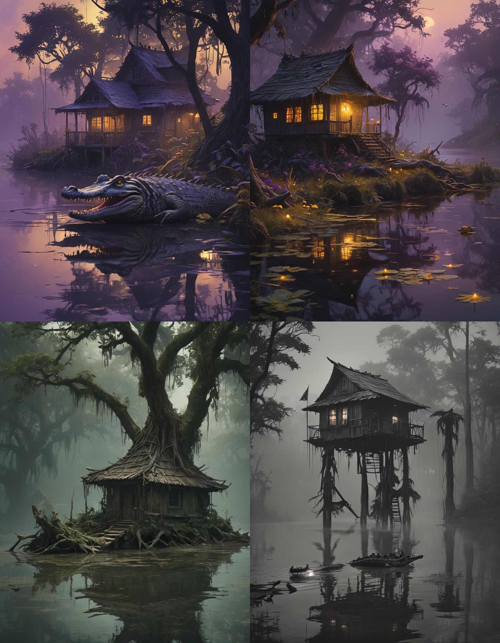 Bayou Hut With Alligator in Dark Fantasy Style
