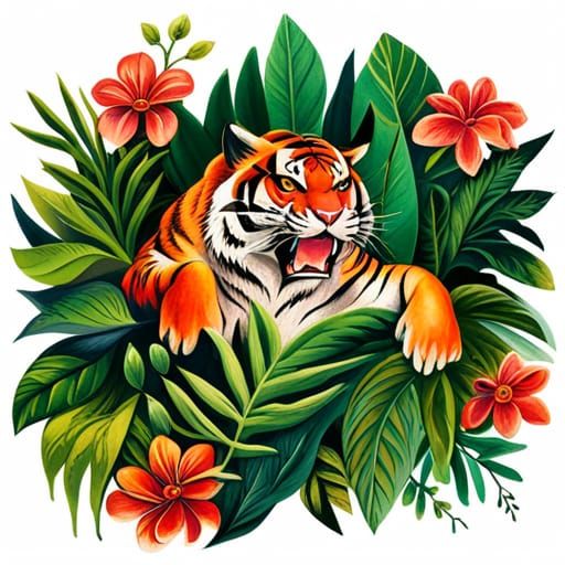 Tiger Tattoo Painting with Jungle Foliage