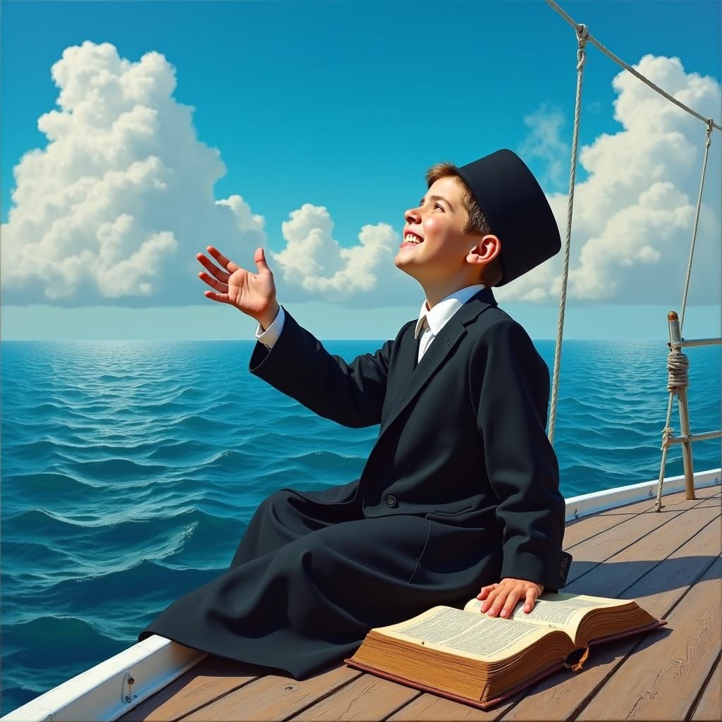 Boy in Traditional Attire Adrift at Sea