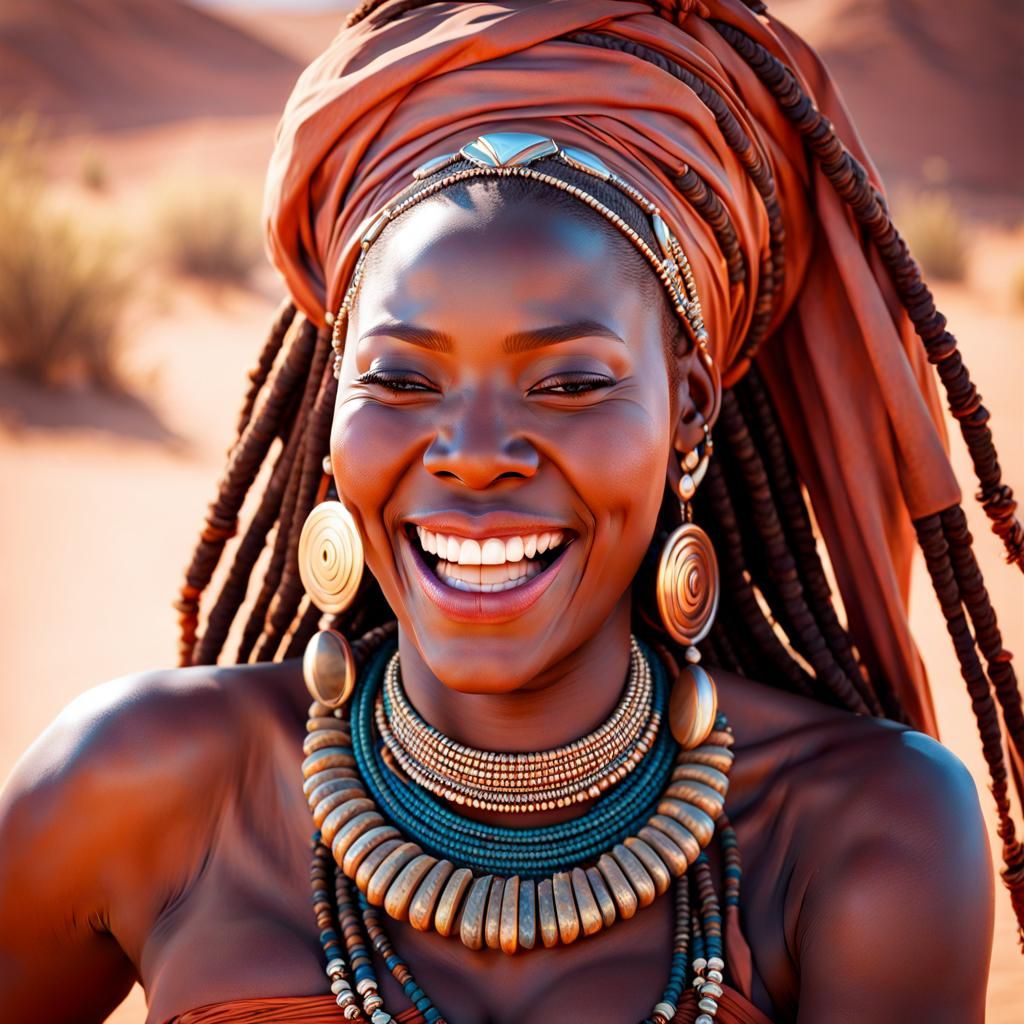 Laughing Himba Woman Portrait in Hyperdetailed Style