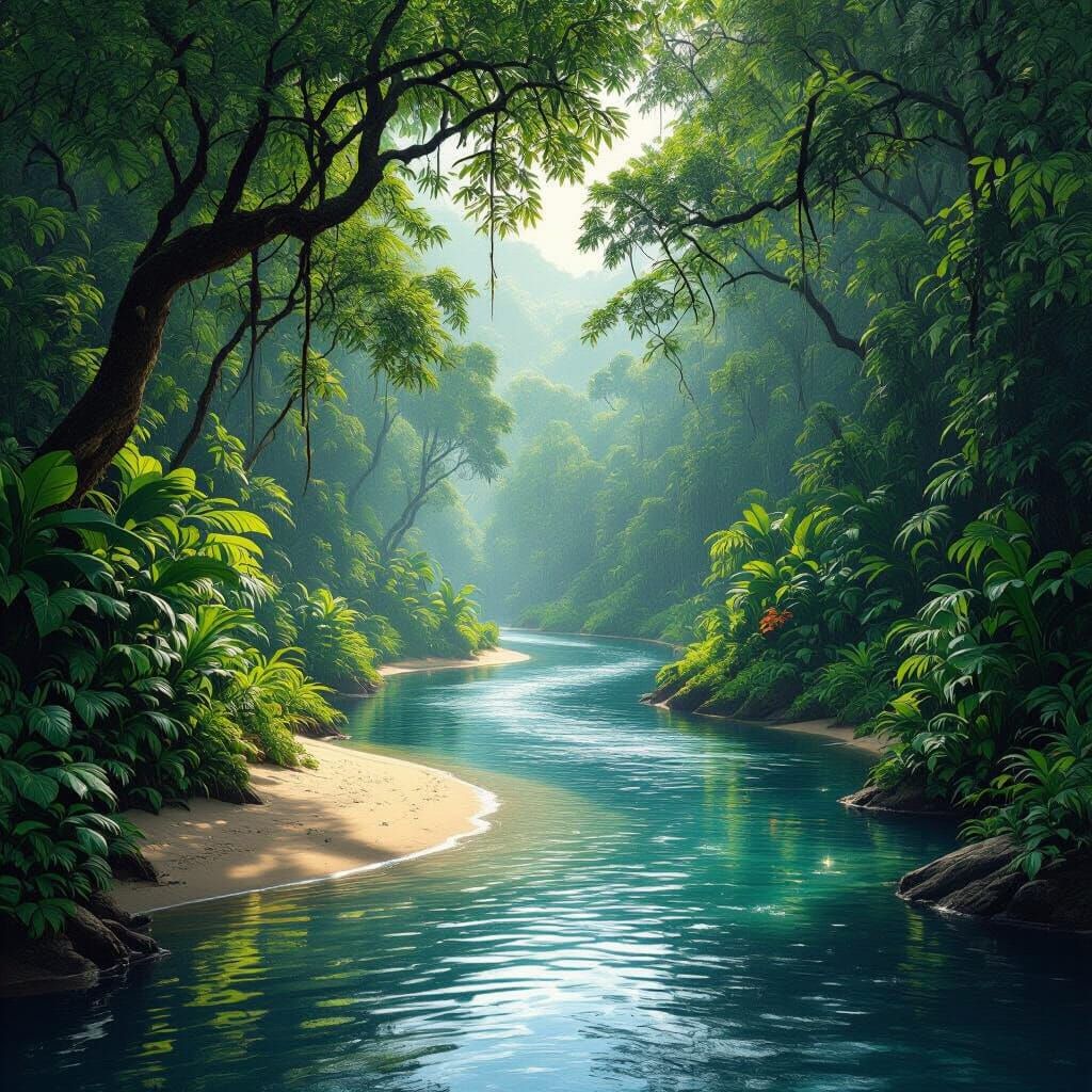 Photorealistic Rainforest River With Sandy Beach And Exotic ...