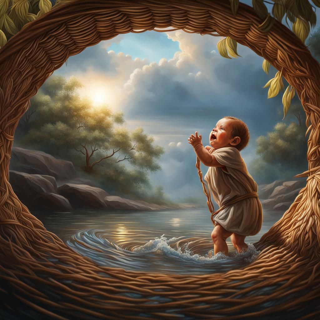 Baby Moses Found in River: Hyperrealistic Concept Art