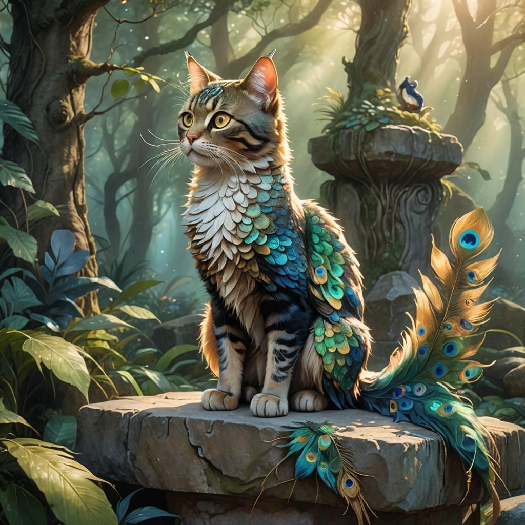 Cat with Peacock Tail in Mystical Forest
