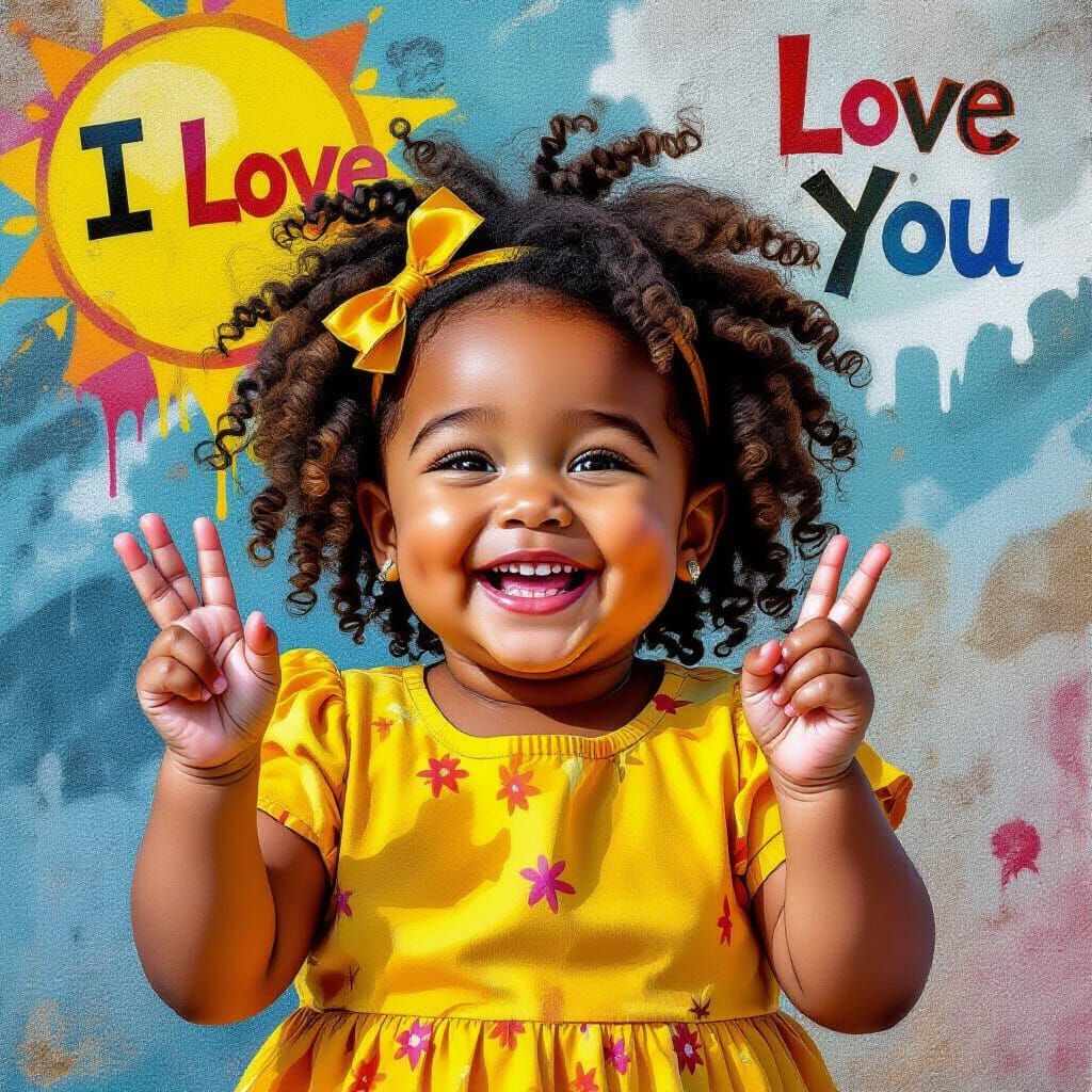 Little Girl Learning ASL in Bright, Colorful Art Style