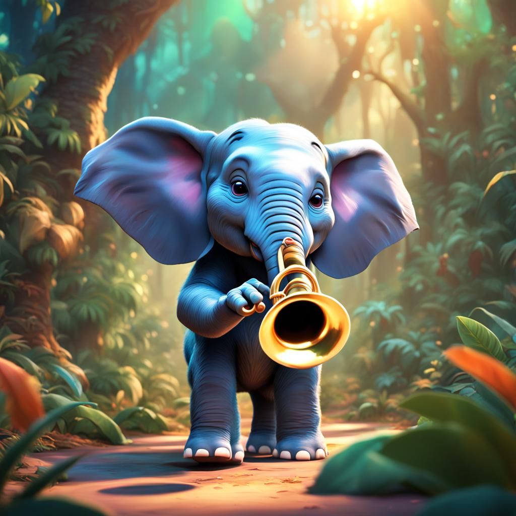 Baby Elephant Trumpet Player: Pixar-Style 3D Art