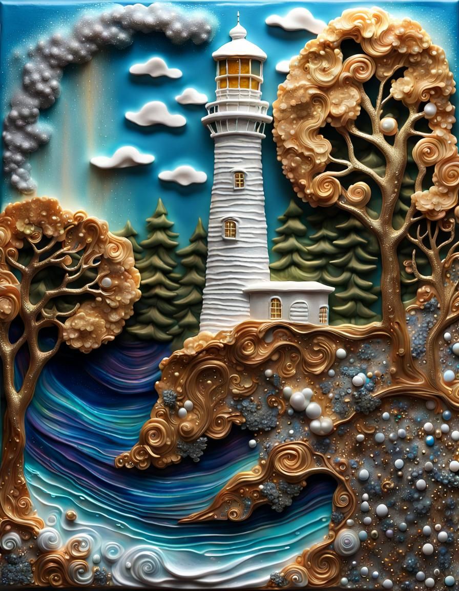 Ornate Lighthouse with Glittering Water, Maximalist Style
