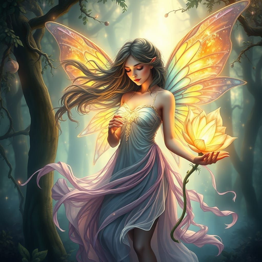 Ethereal Fairy With Rainbow Wings in Enchanted Forest