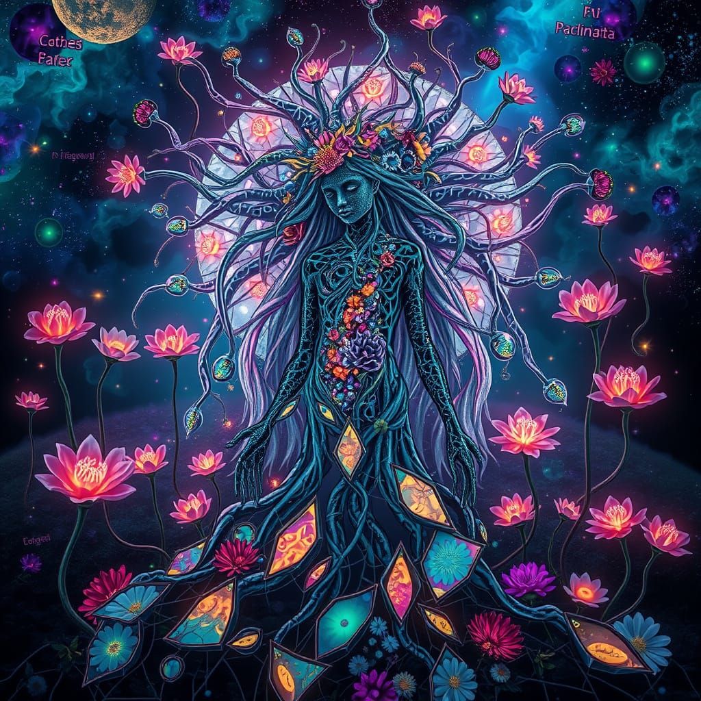 Bioluminescent Garden with Mirrored Roots and Weathered Prin...