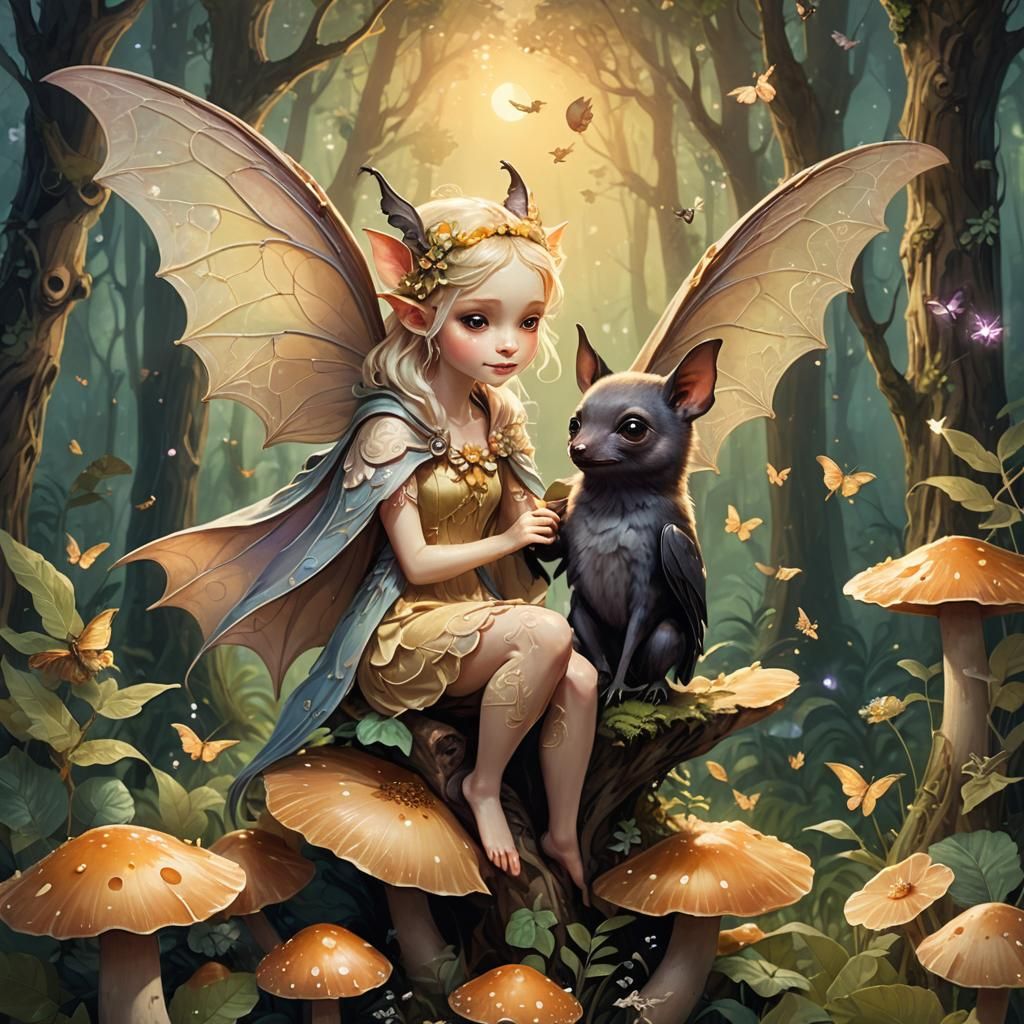 Fairy and Fruit Bat in Lush Forest Illustration