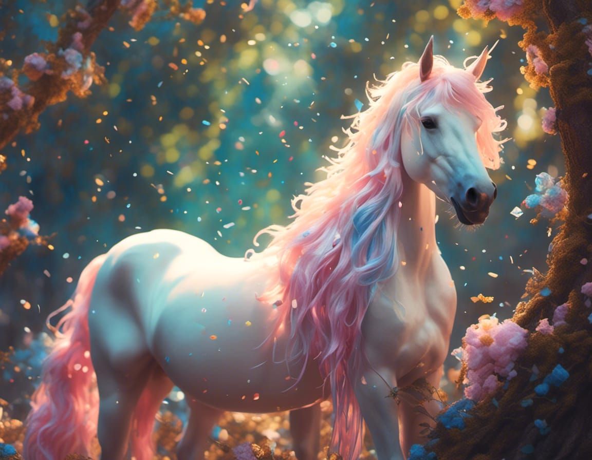 Pastel Unicorn in Golden Hour Forest, Detailed Portrait