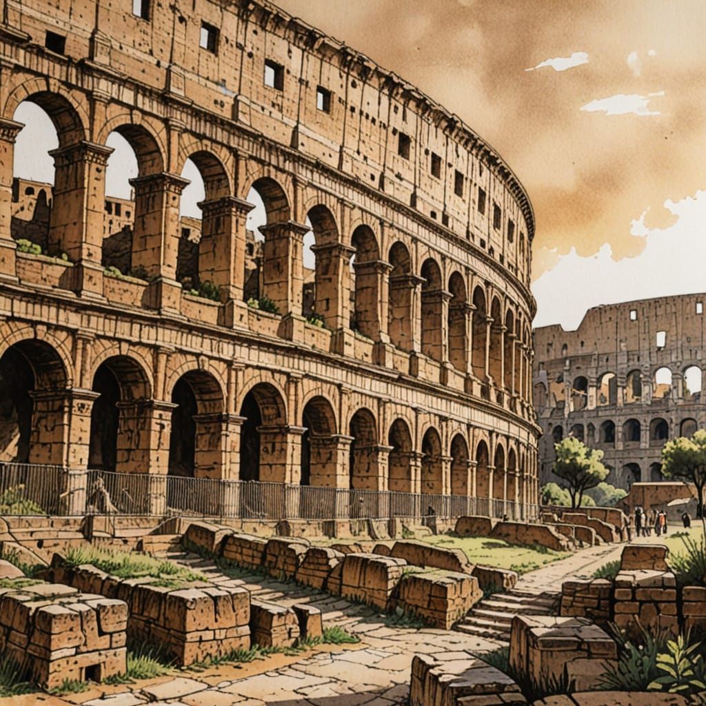 Colosseum in Roman Times: Detailed Ink Drawing