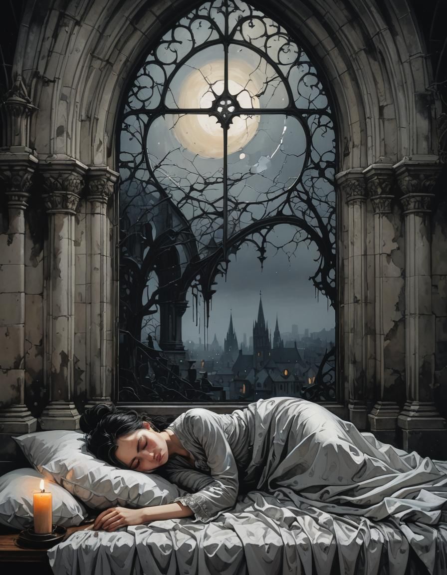 Woman Sleeping Under Gothic Window as Oil Painting