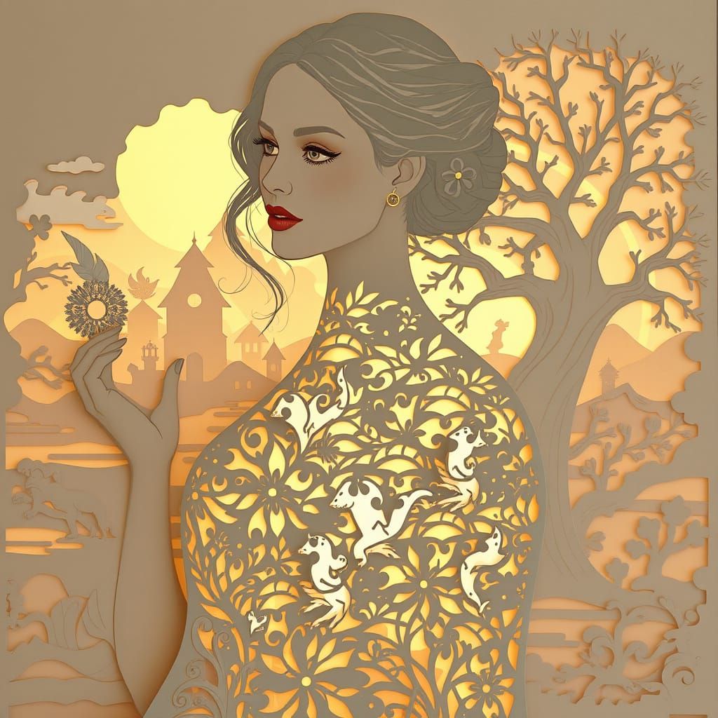 Whimsical Papercut Portrait of a Fantasy Woman