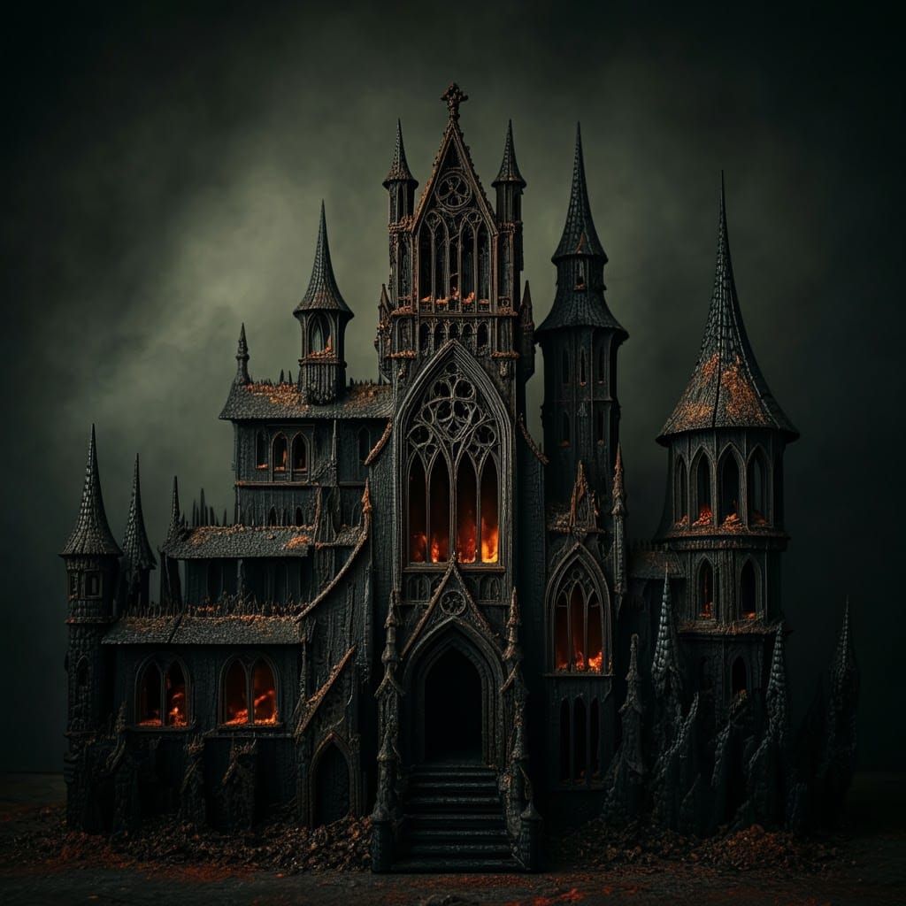 Gothic Castle Sculpture in Charred Wood Style