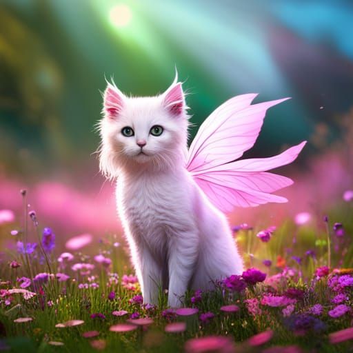 Vibrant Fairy Kitten Explores Whimsical Floral Wonderland