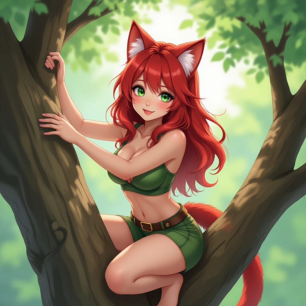 Realistic Japanese Woman Climbing a Tree