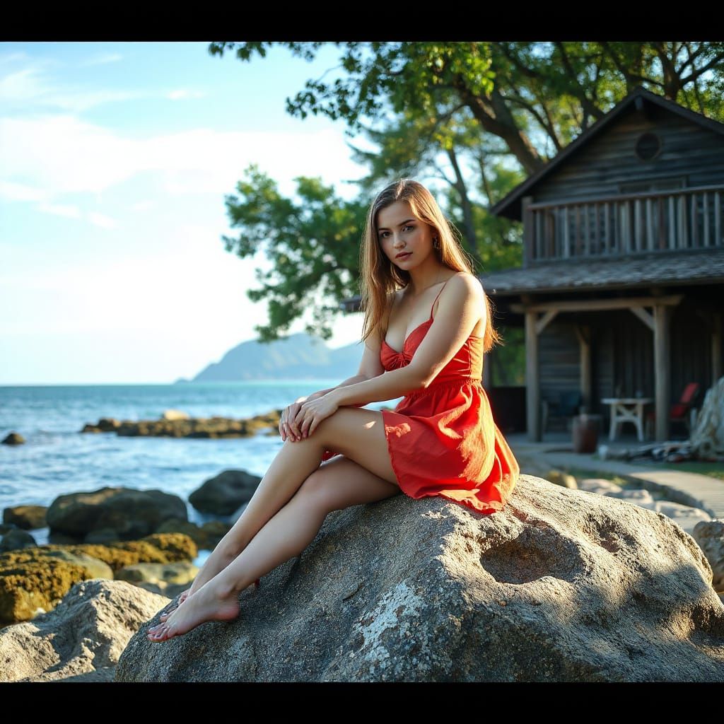 A Young Woman Seated by the Sea in Vibrant Colors