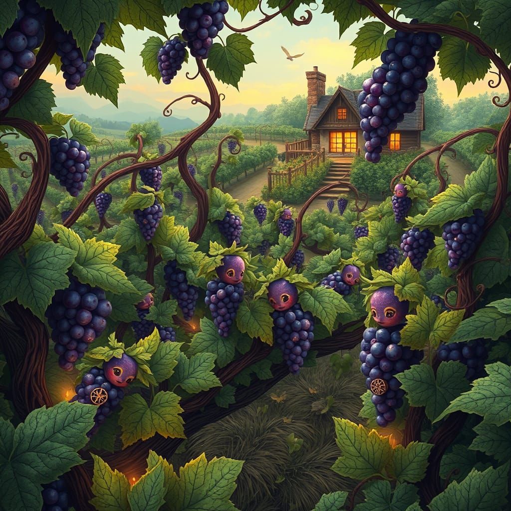 Surreal Vineyard Scene with Whimsical Grape Creatures