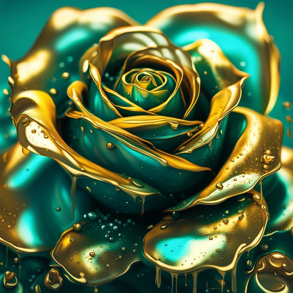 Teal and Gold Rose Macro Photograph