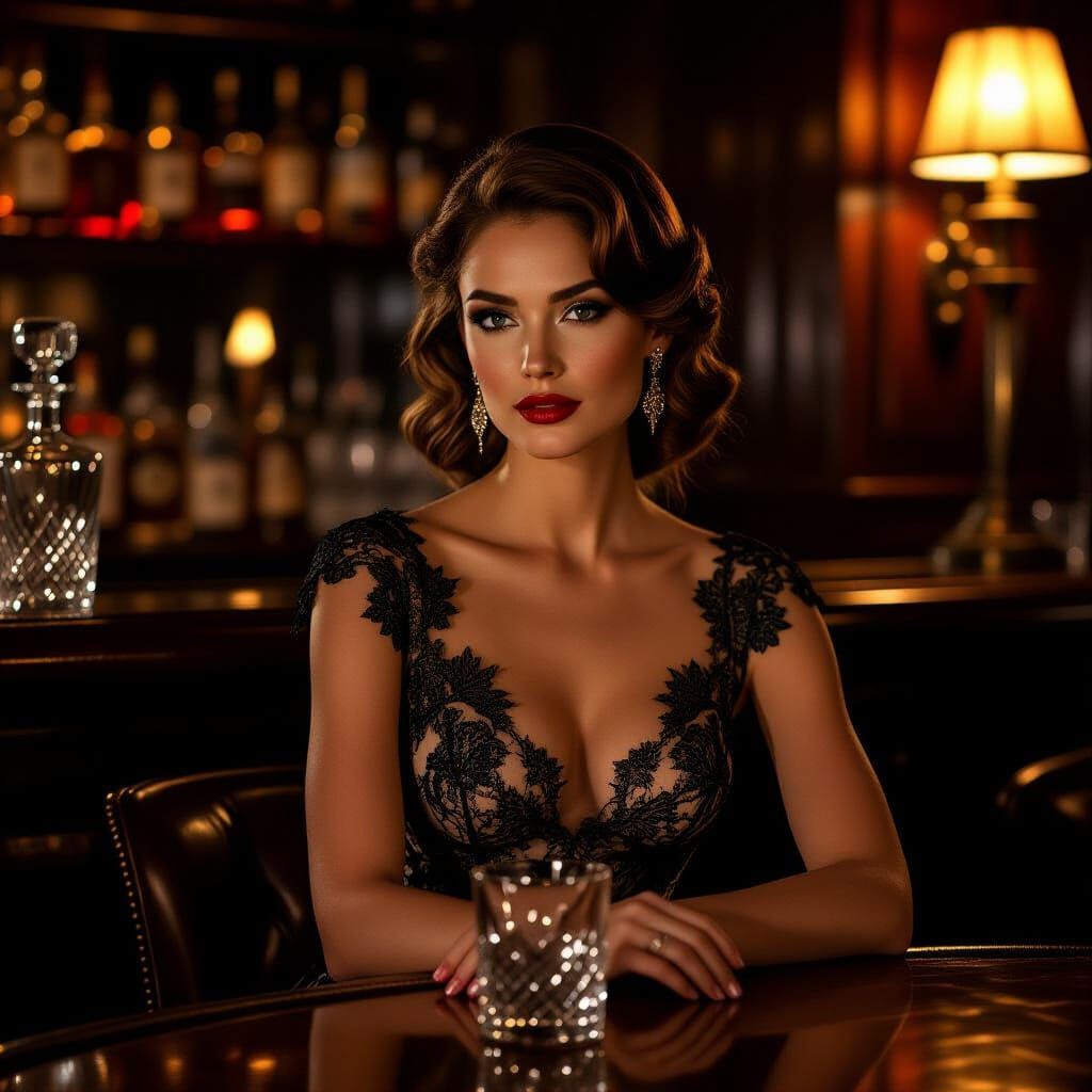 Elegant Woman in Lace Gown at Luxurious Bar