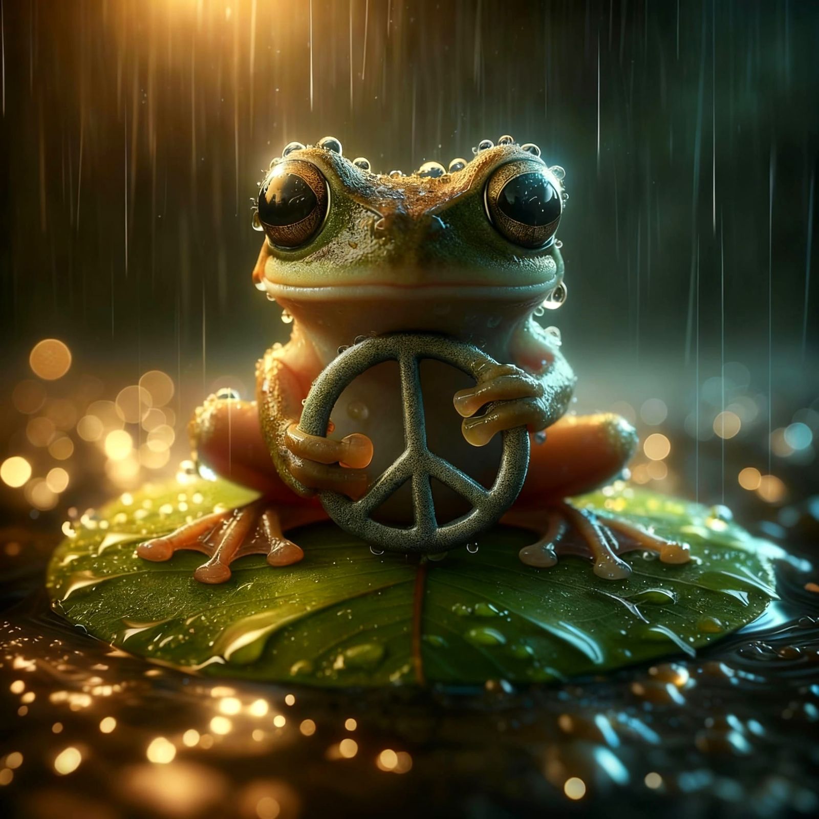 Cute Frog Holding Peace Sign in Rain