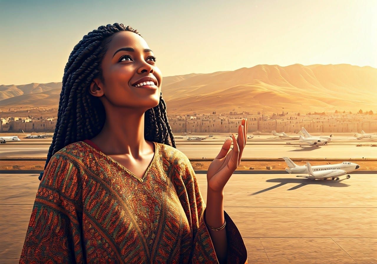 Joyful Woman at Bethlehem Airstrip: Digital Art