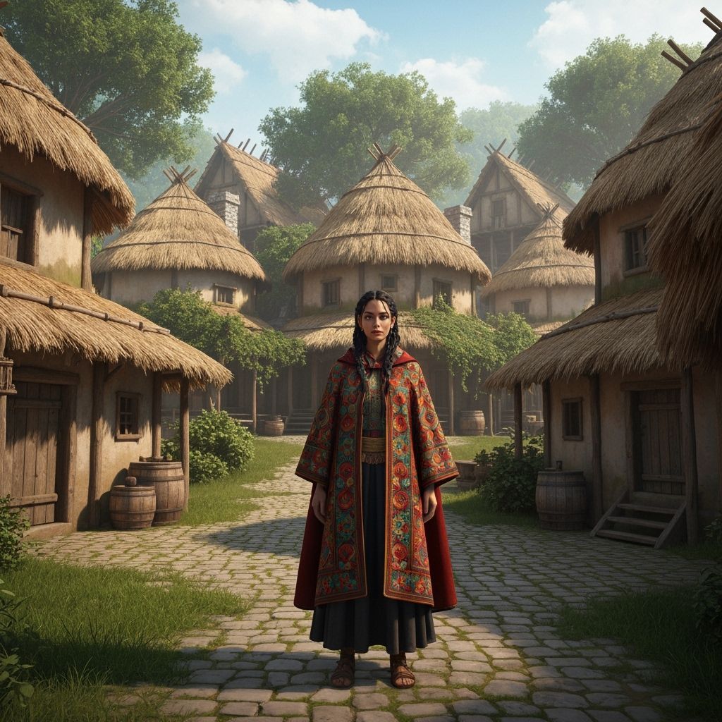 Zahia in Rustic Village with Embroidered Cloak