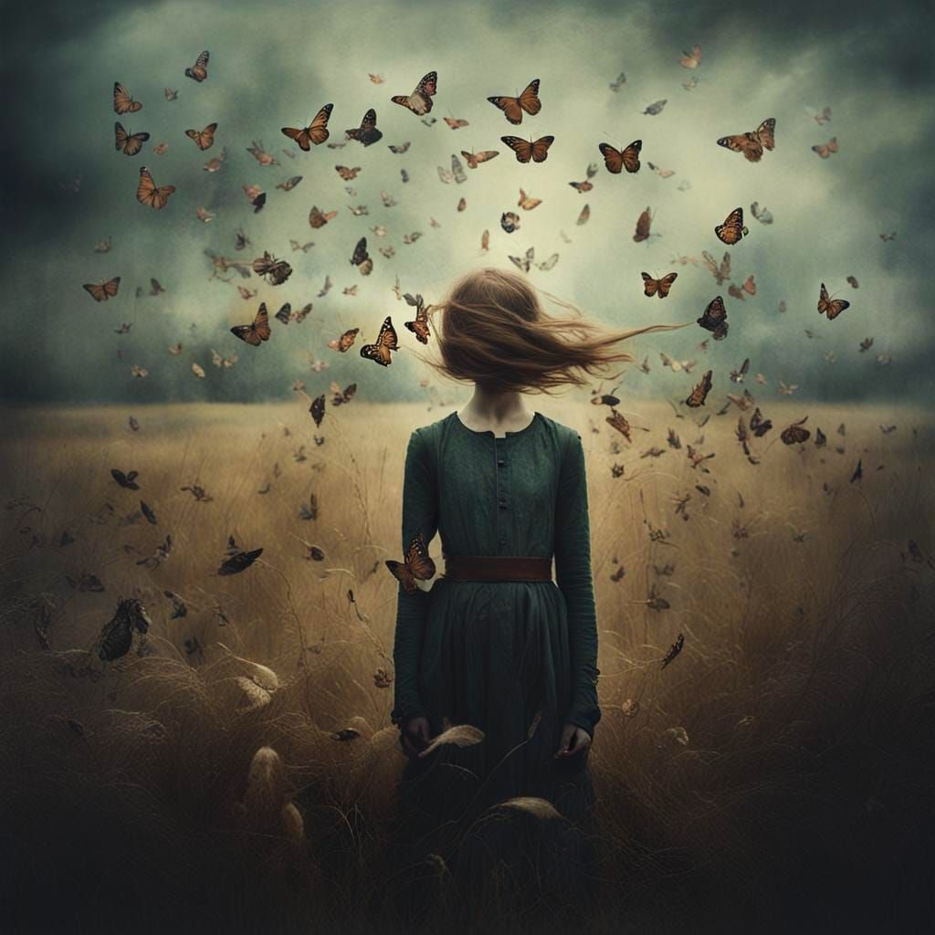 Surreal Double Exposure Masterpiece with Whirling Butterflie...