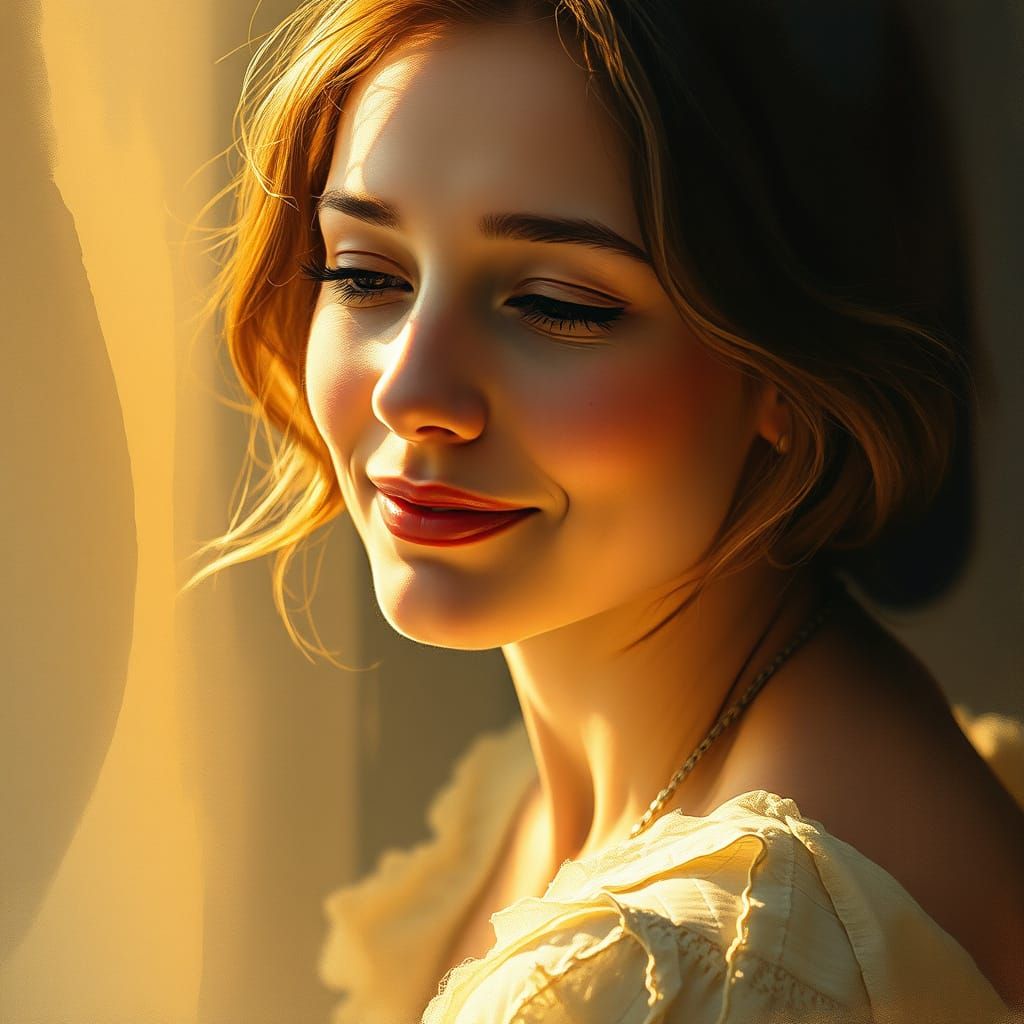 Woman Lost in Thought Amidst Golden Light