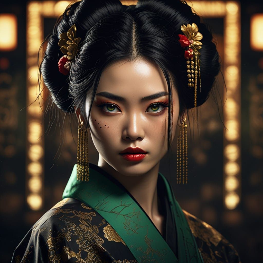 Futuristic Geisha Warrior Portrait in Cyberpunk Style