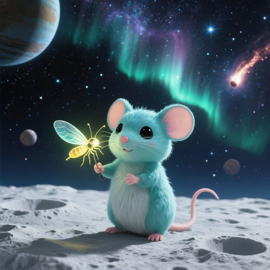 Hyperrealistic Aqua Mouse on Moon with Firefly